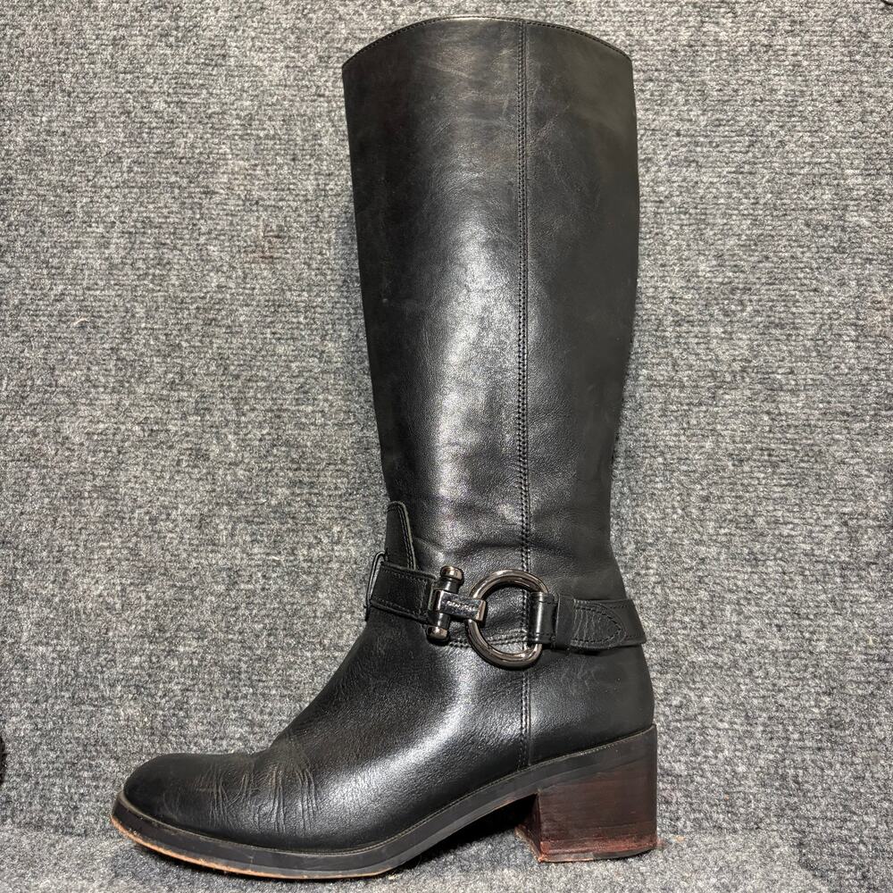 Coach Carolina Black Leather Riding Boots Women 8B Block Heel Buckle Knee High